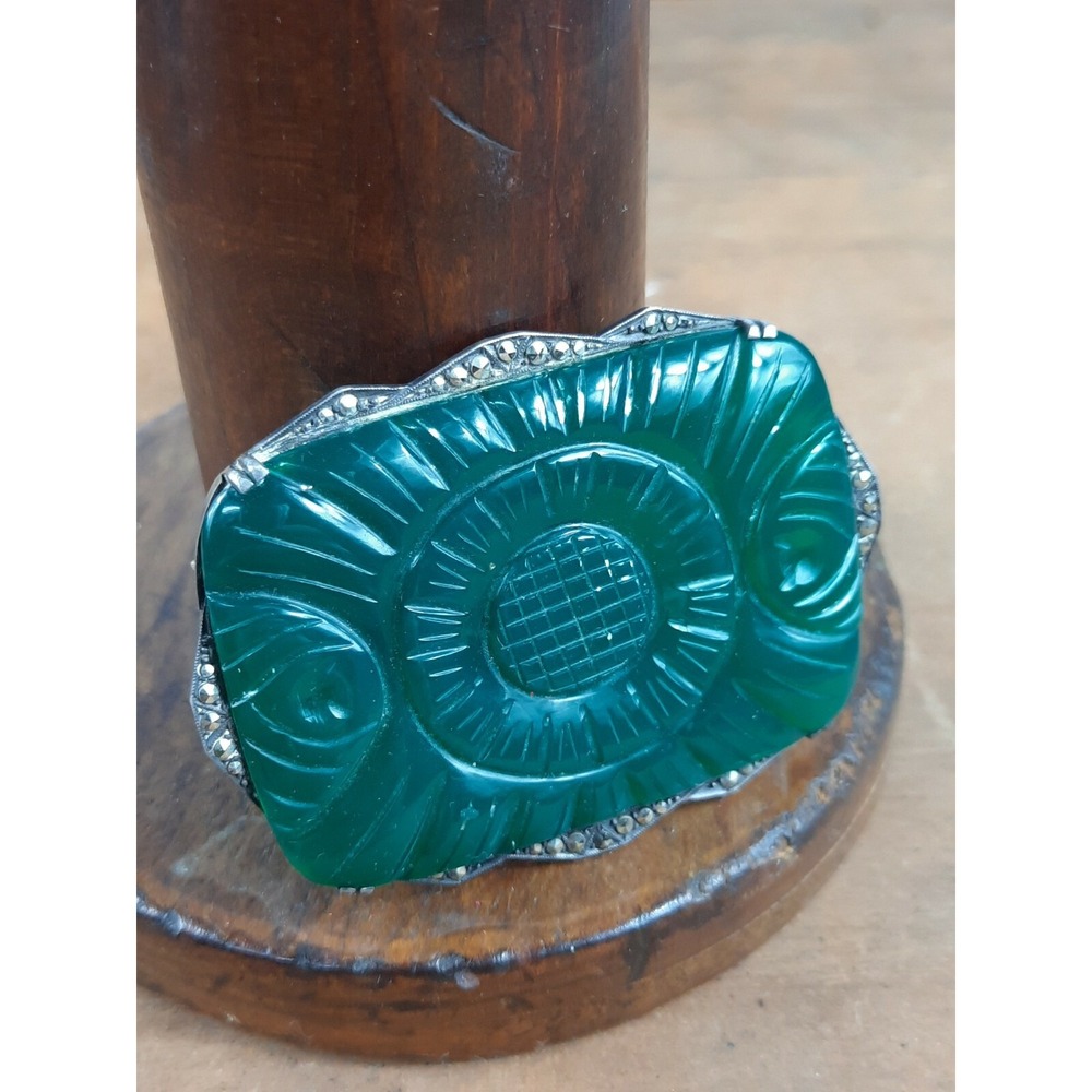 Antique Art Deco Carved Chrysoprase Marcasite Stamped 935 Sterling Brooch Pin
